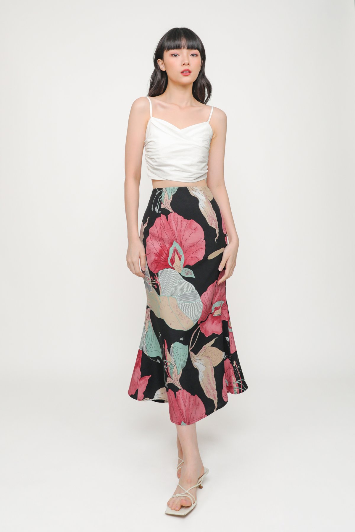 Gloria Fishtail Midi Skirt (Black Hibiscus)