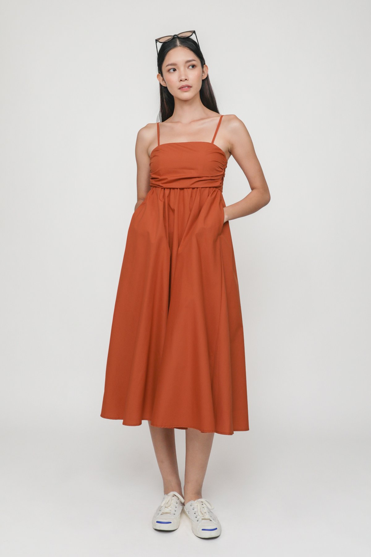 Juliette Ruched Midi Dress (Tangerine)