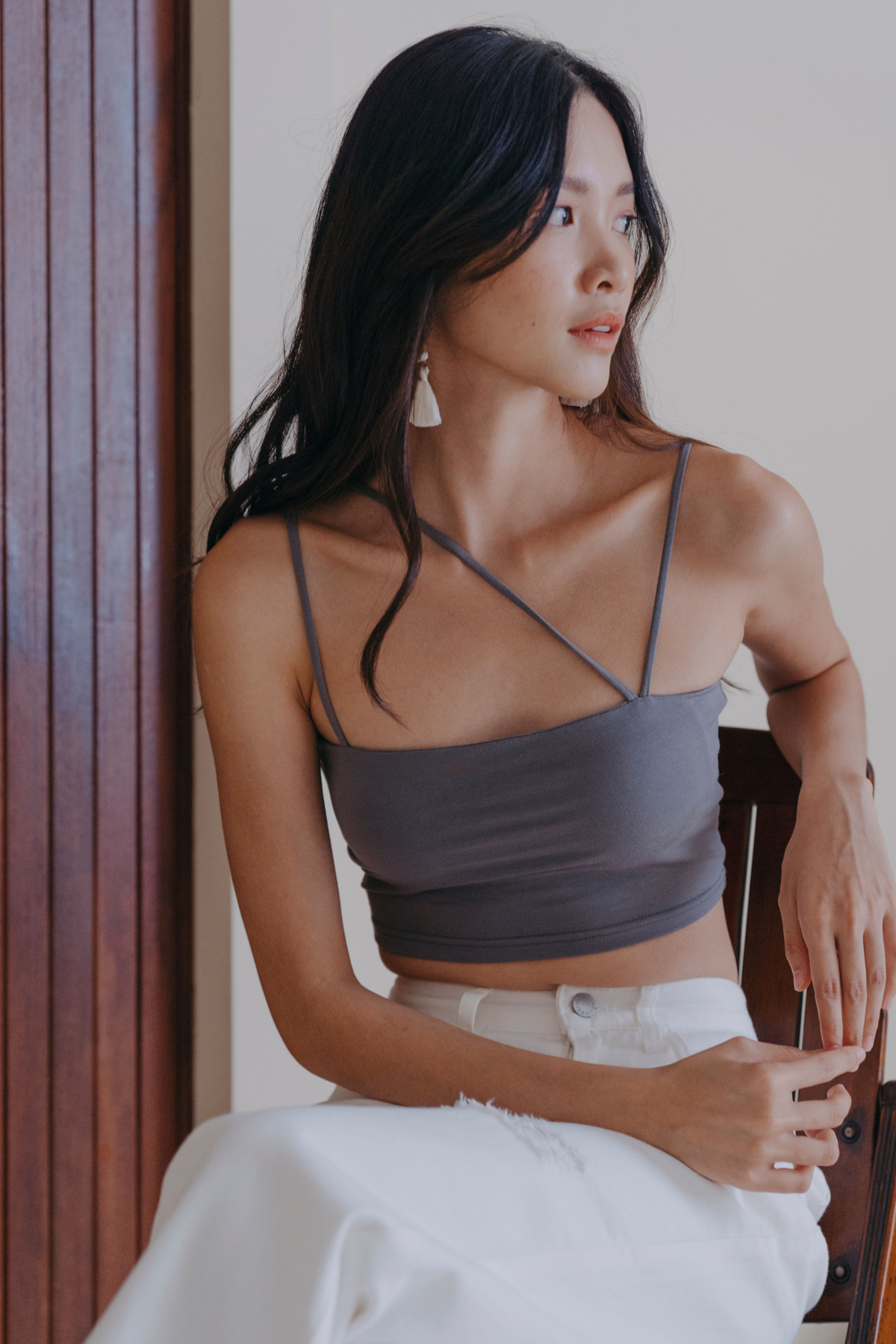 Lisa Asymmetrical Strap Padded Top (Grey)