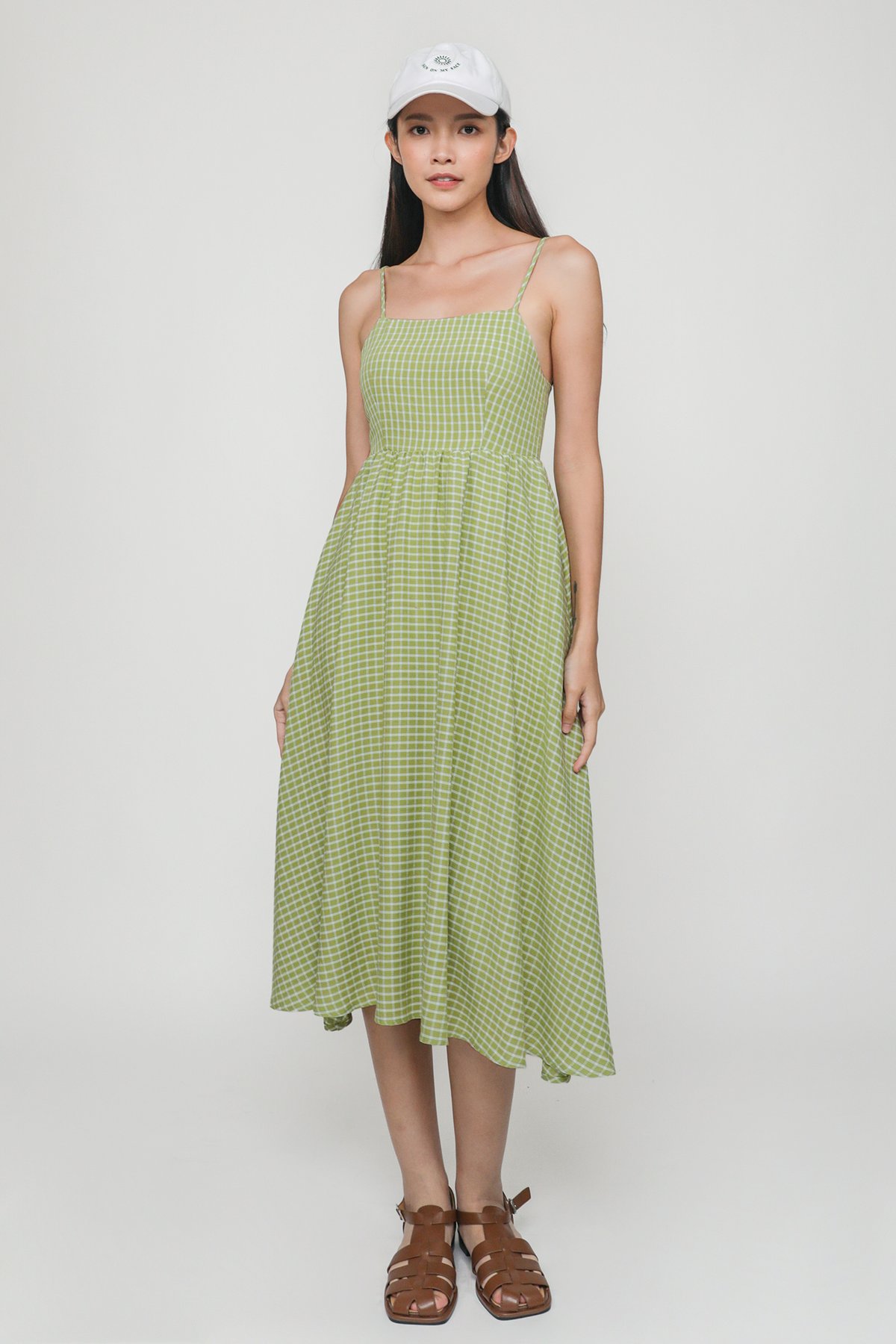 Serina Padded Midi Dress (Green Gingham)