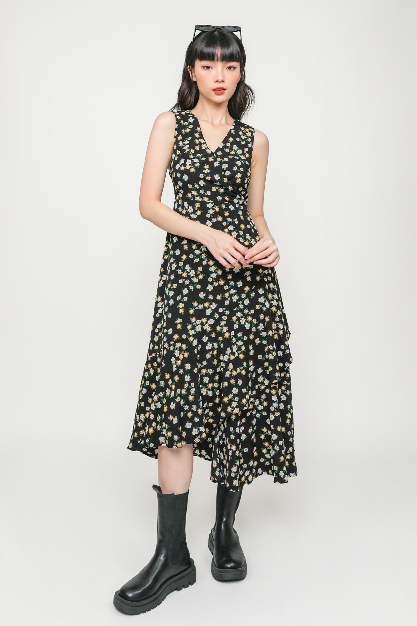 Lidia Ruffles Front Maxi Dress Black Florals The Tinsel Rack