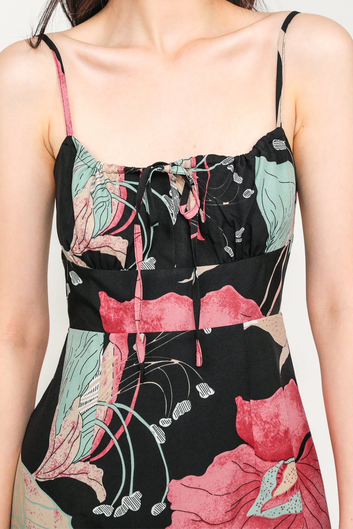 Eloise Ruched Front Drawstring Midi Dress (Black Hibiscus)