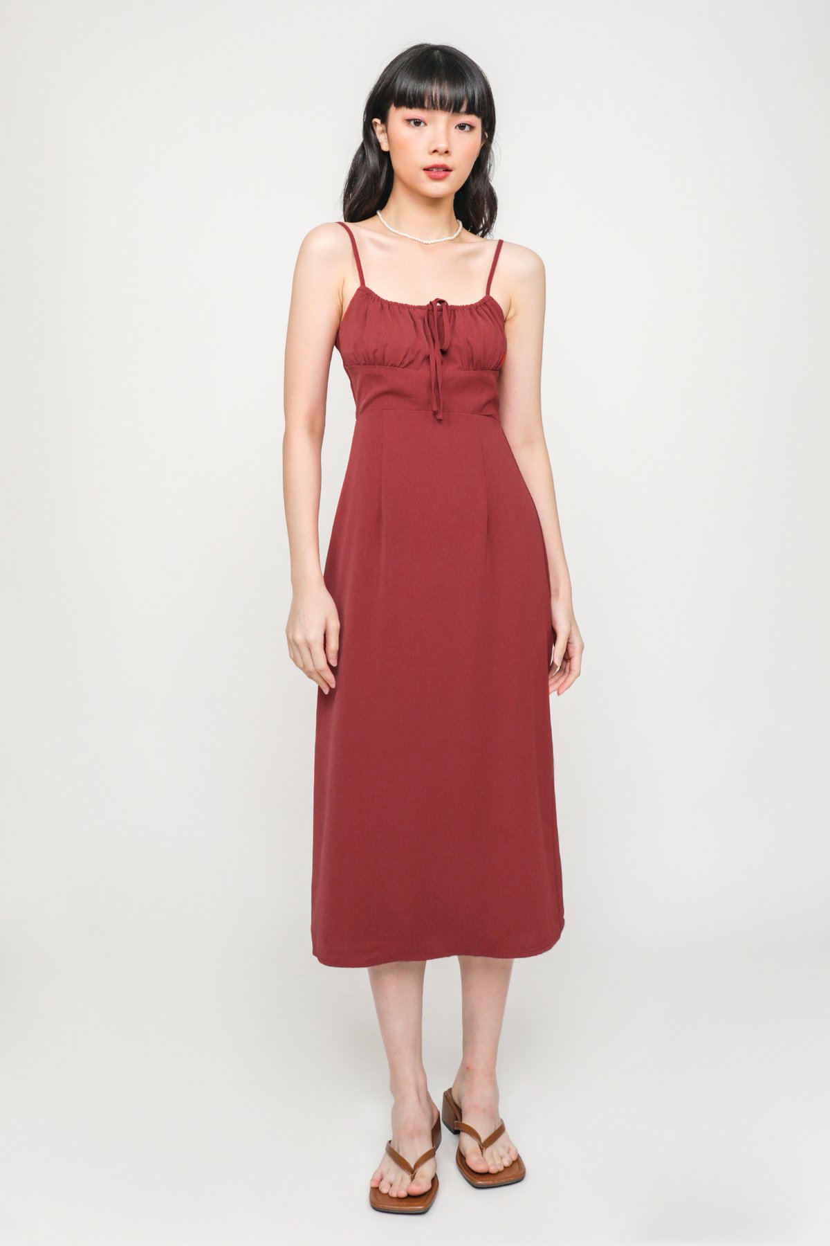 Eloise Ruched Front Drawstring Midi Dress (Rust)