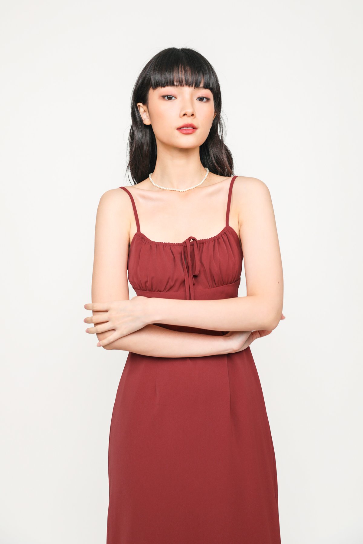 Eloise Ruched Front Drawstring Midi Dress (Rust)