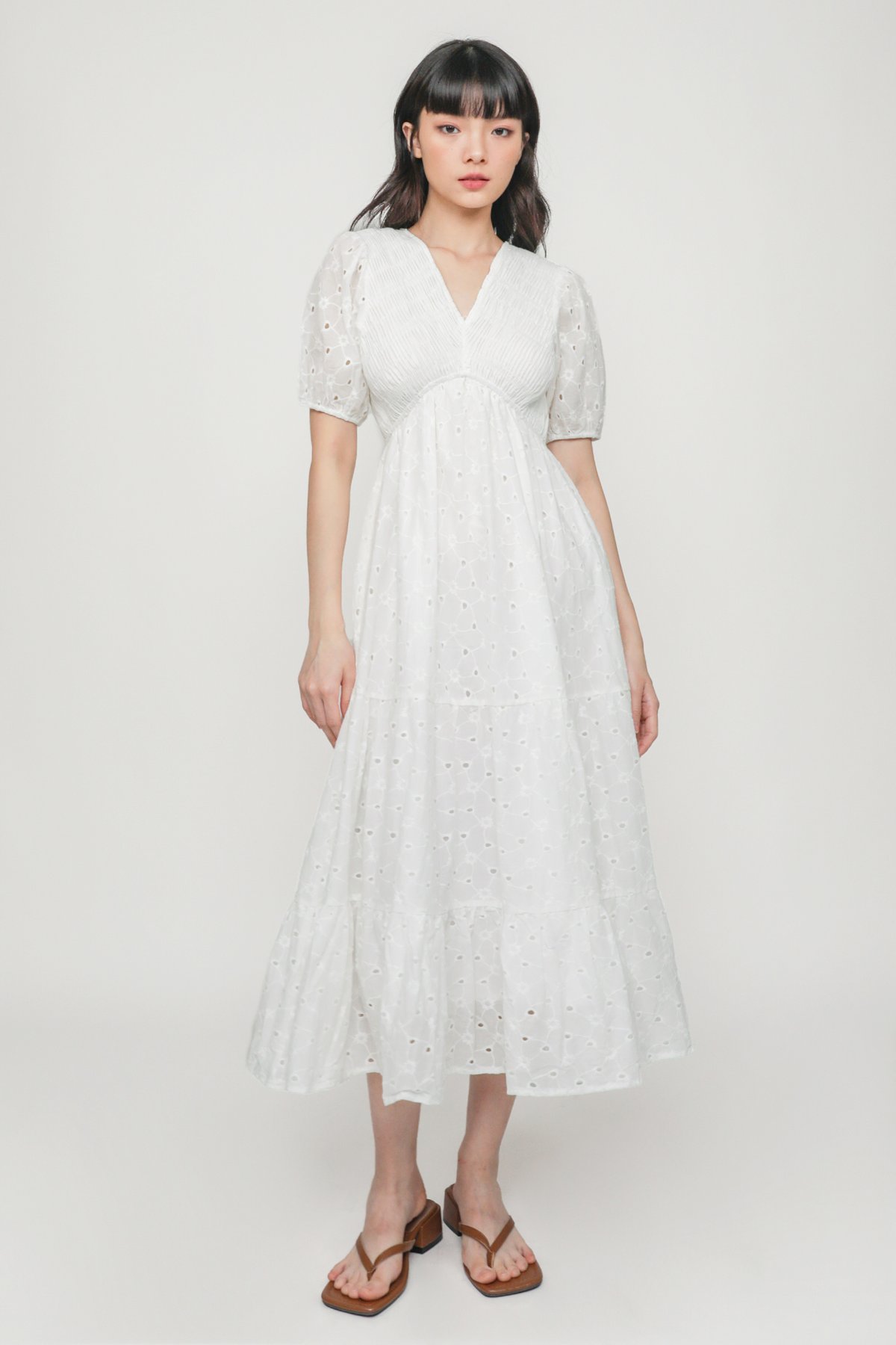 Idalia Smocked V Neck Eyelet Dress (White)