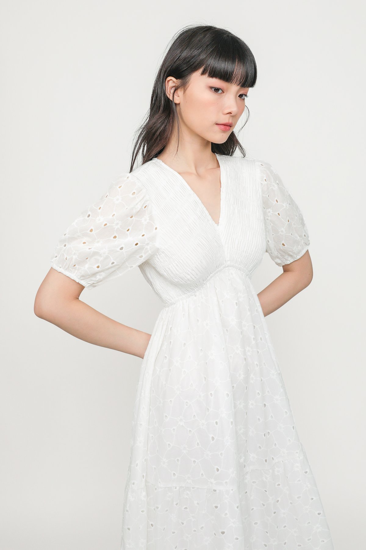 Idalia Smocked V Neck Eyelet Dress (White)