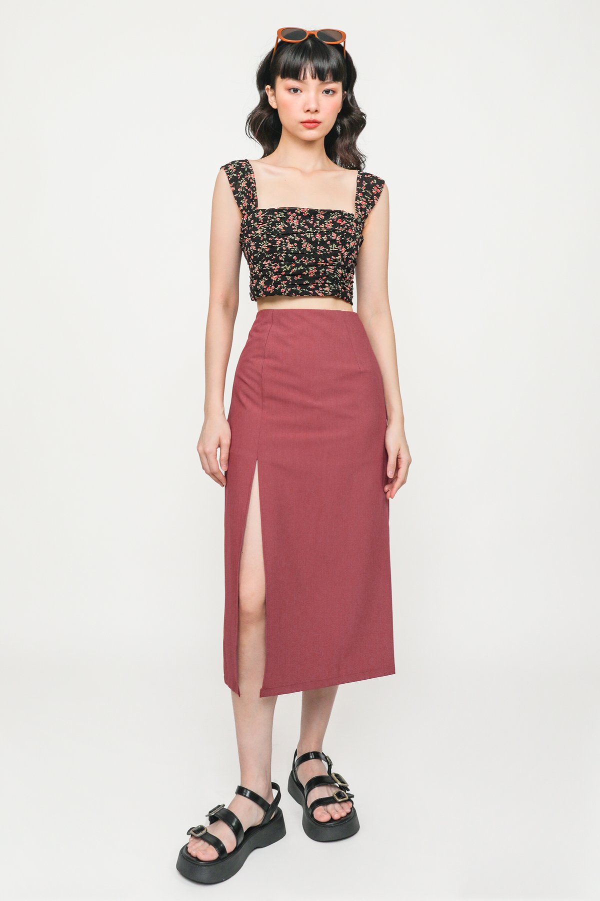Nyla Front Slit Midi Skirt (Cherry)