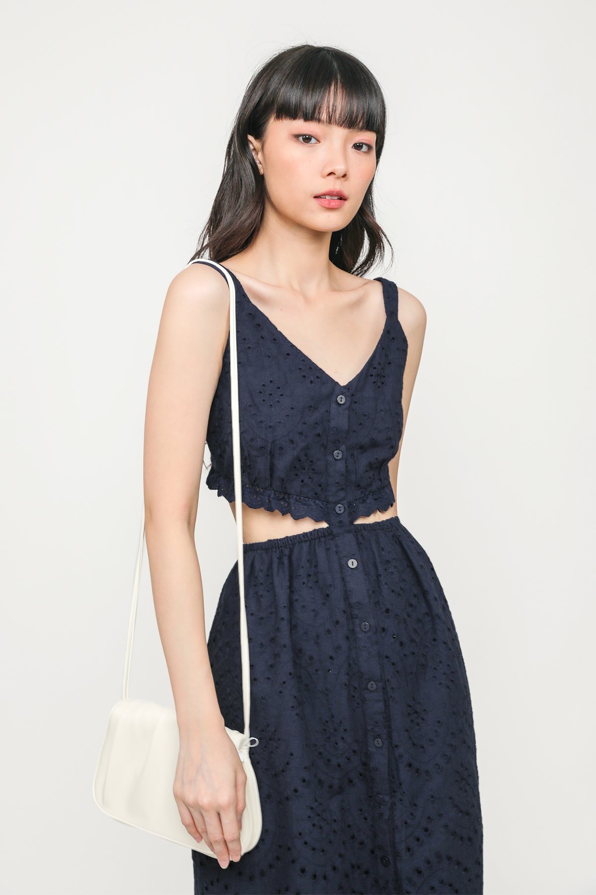 Serenity Eyelet Button Cut Out Dress (Navy)