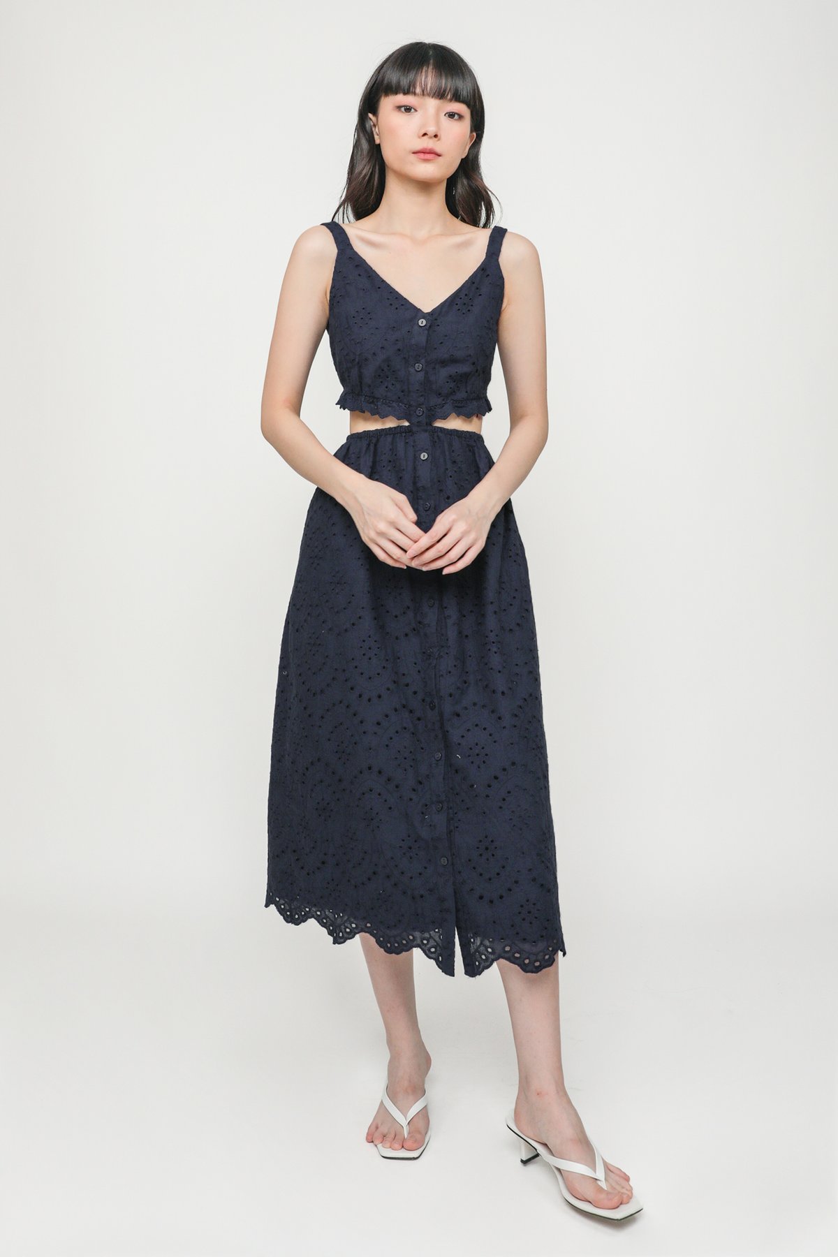 Serenity Eyelet Button Cut Out Dress (Navy)