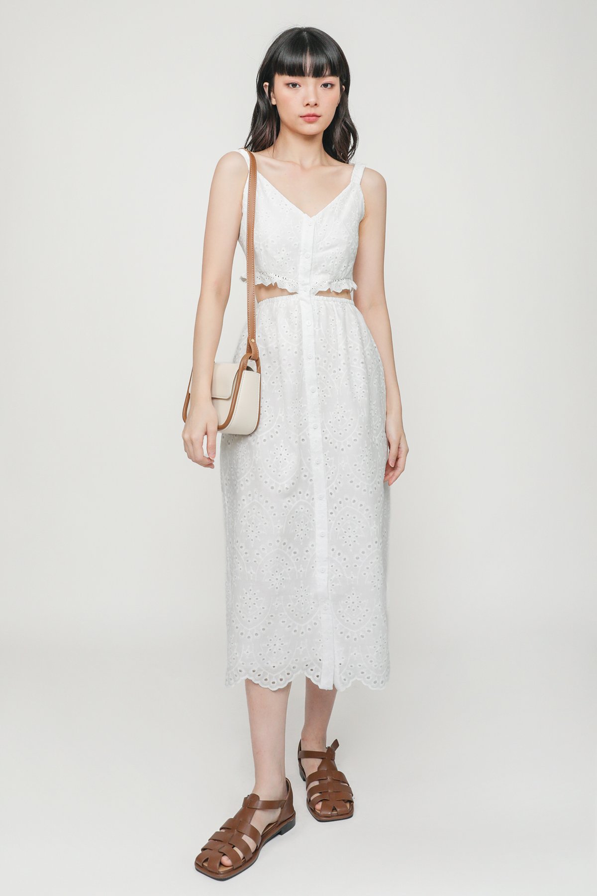 Serenity Eyelet Button Cut Out Dress (White)