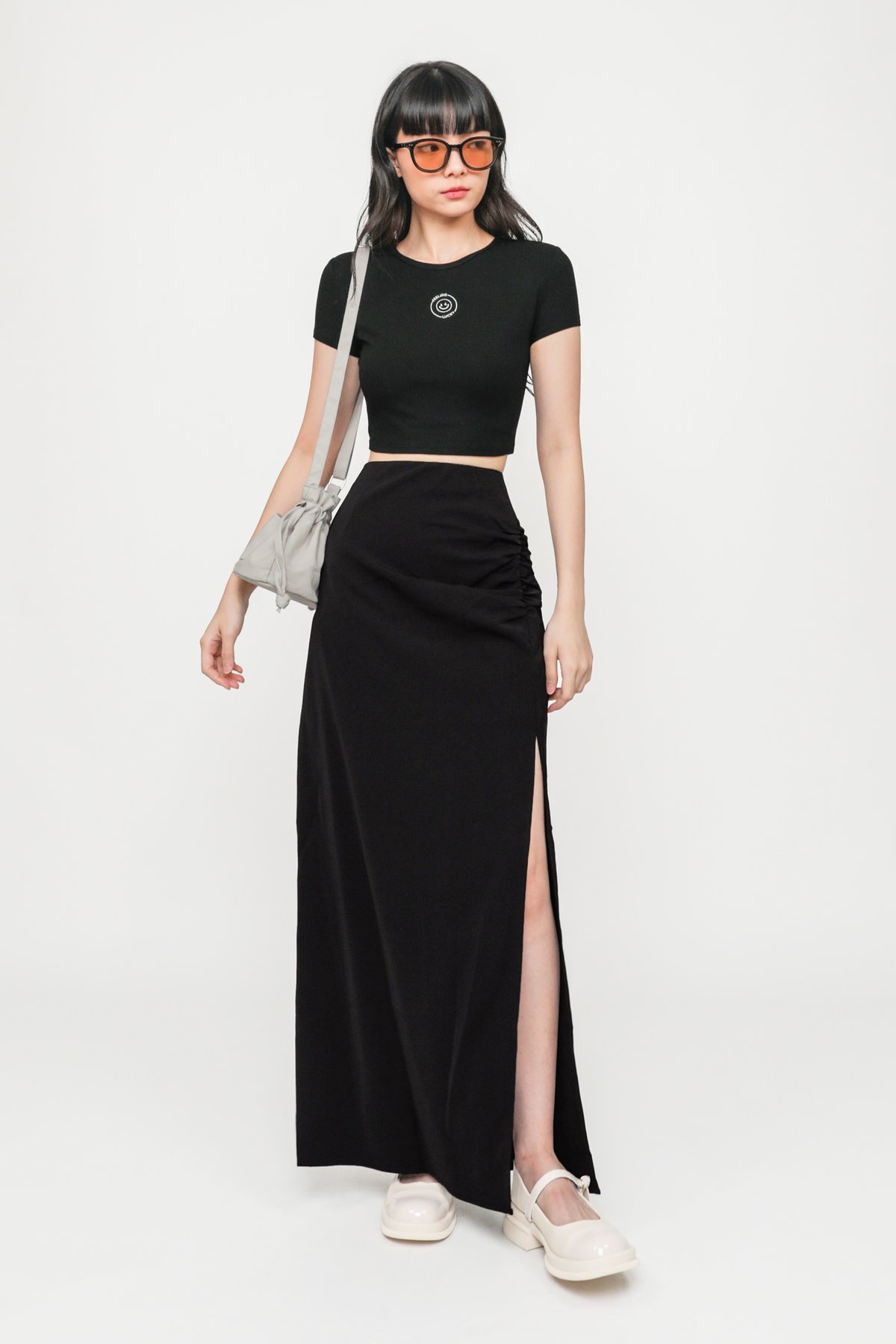 Amina Ruched Side Maxi Skirt (Black)
