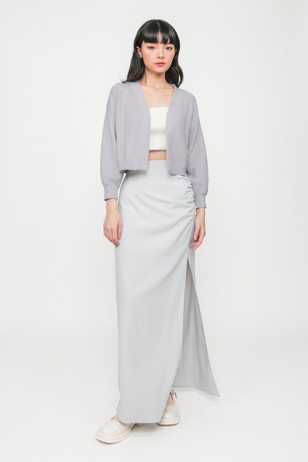 Regular Amina Ruched Side Maxi Skirt (Light Grey)