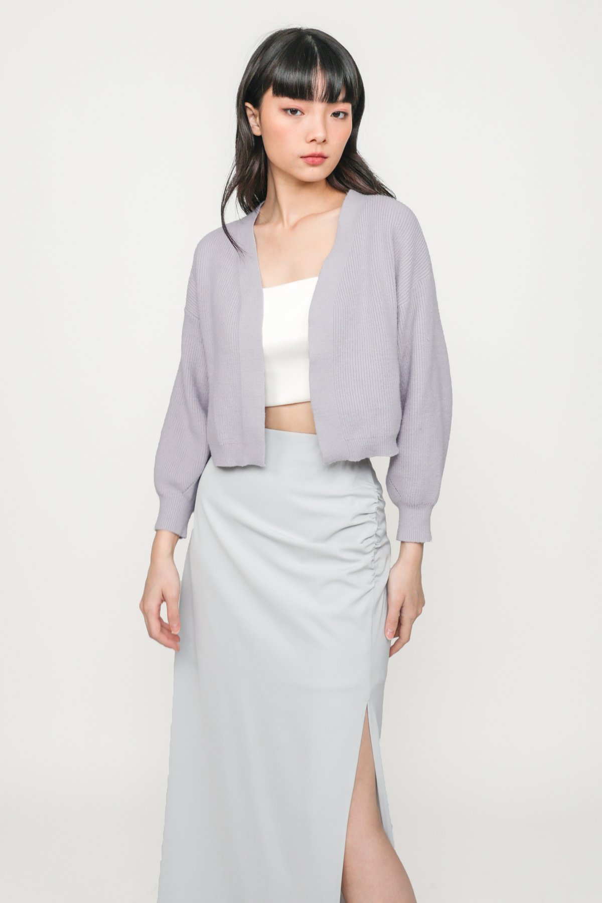 Amina Ruched Side Maxi Skirt (Light Grey)