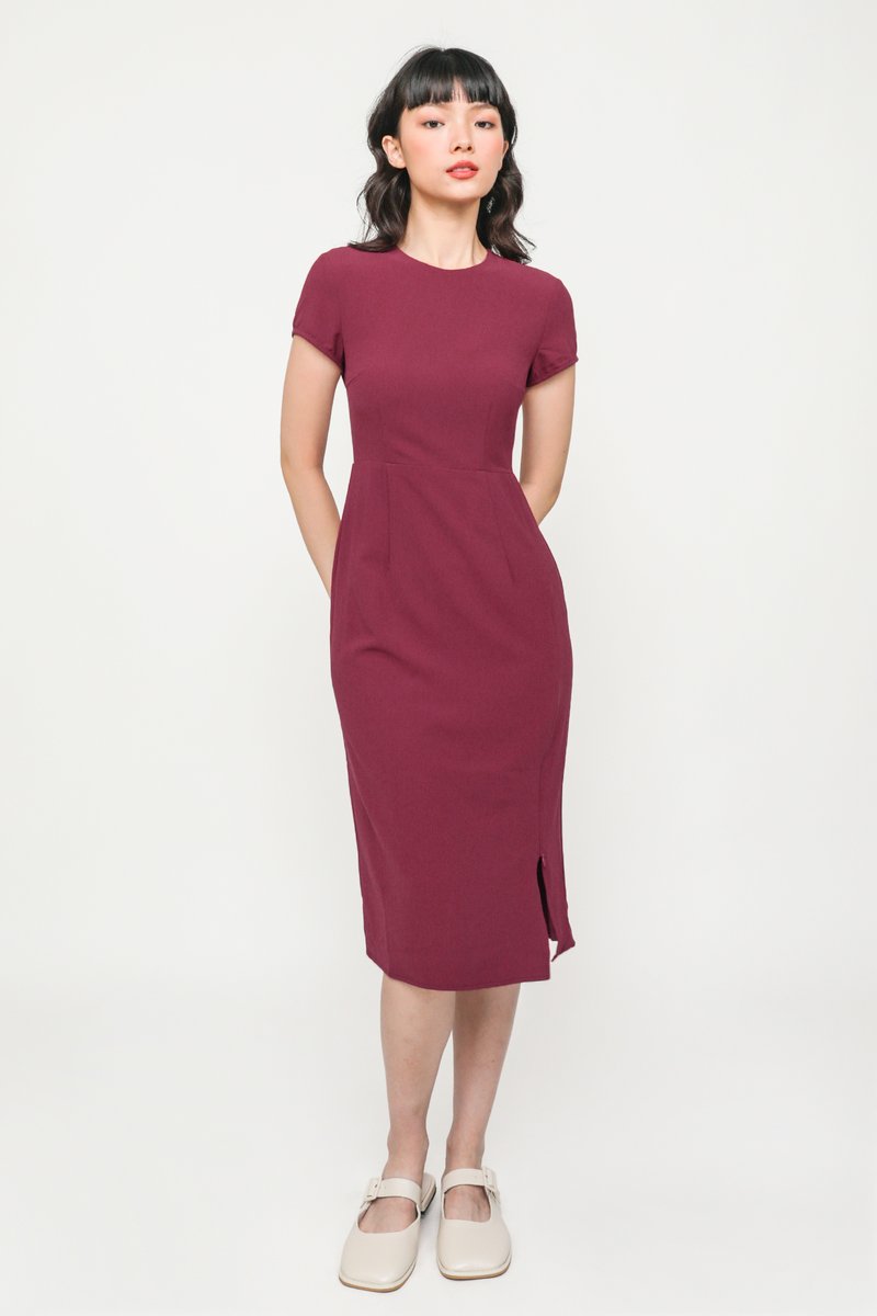 Irene Front Slit Midi Dress (Maroon) | The Tinsel Rack